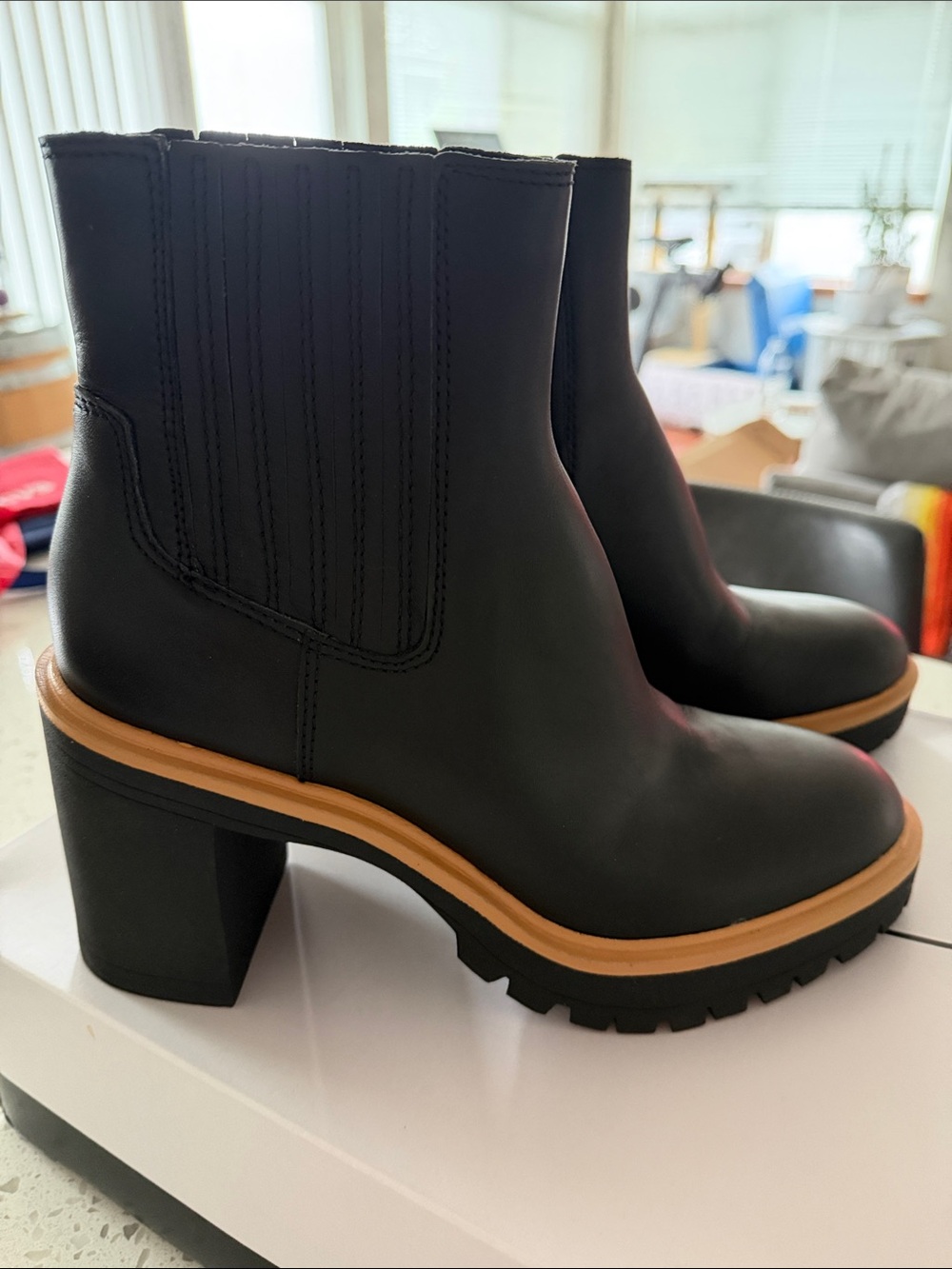 Dolce Vita Black Leather Chelsea Ankle Boots with Tan Accent